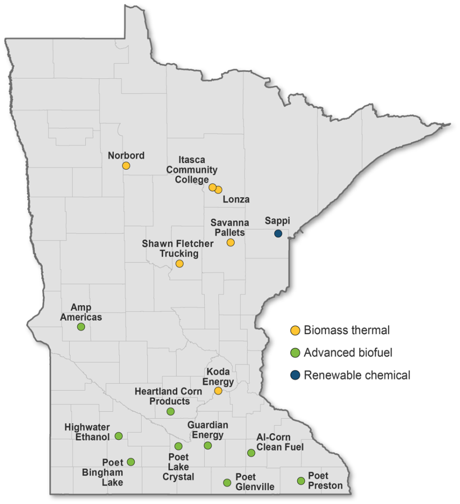Map of biofuel sites in Minnesota